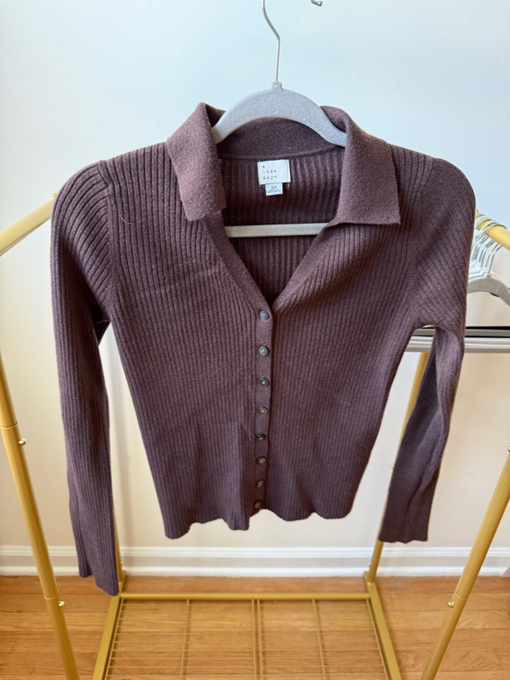 a new day Brown Ribbed Button-Up Polo Cardigan